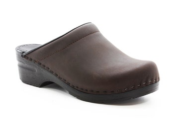 BJORK Open Back Brown Oiled Leather Clogs