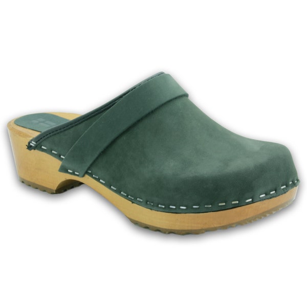 Wood Maja Clogs in Forest Green Nubuck Leather