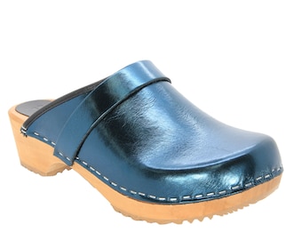 Maja Wood Open Back in Emerald Metallic Leather Clogs