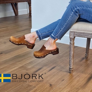 KLÄGN Elin Wood Open Back Full Grain Leather Clogs in Brown
