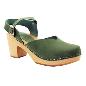 BJORK Cleo Wooden Clog Sandals in Forest Nubuck Leather