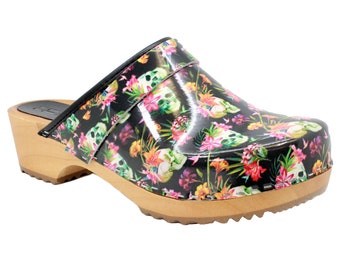 BJORK Maja Wooden Clogs in Moa Skulls Printed Leather