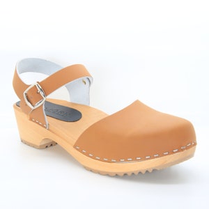 Alma Swedish Clog Sandals in Cognac Leather