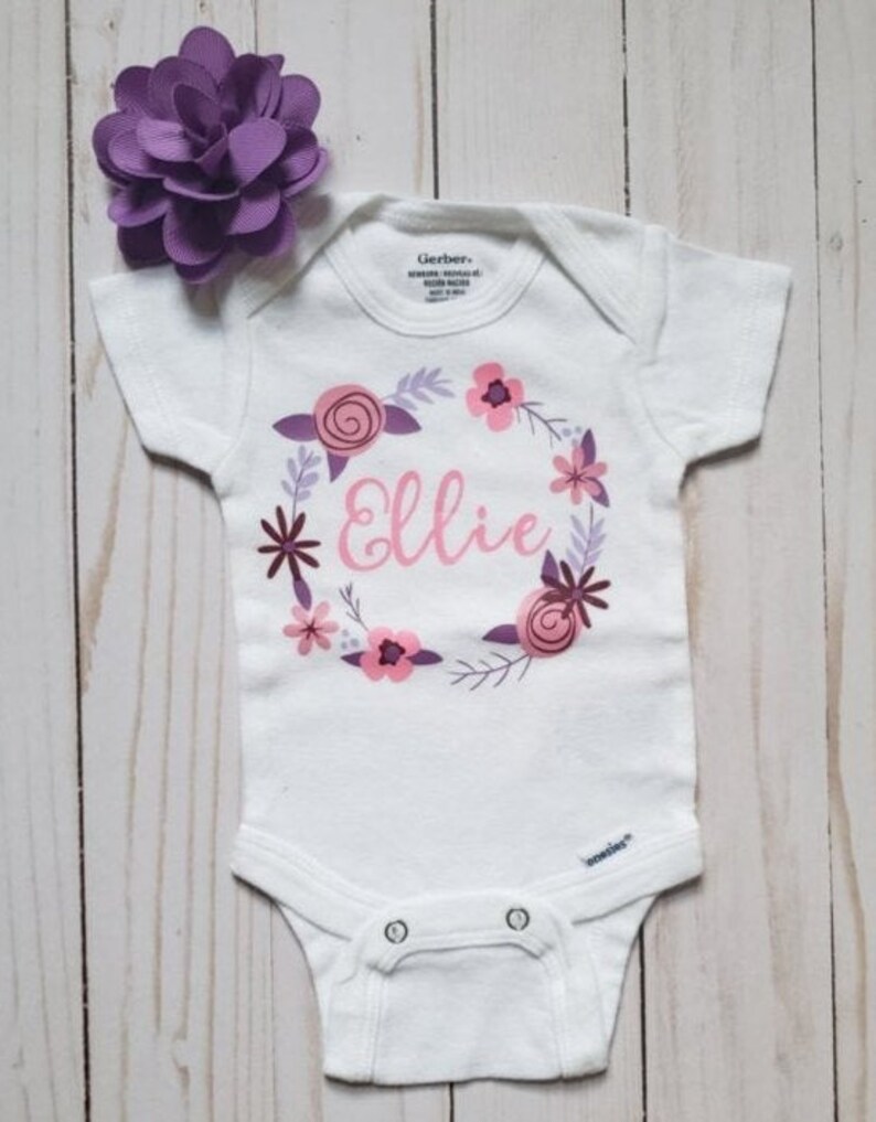 Floral Crown Onesie Flower Wreath Name Baby Onesie Personalized Baby Girl Onesie