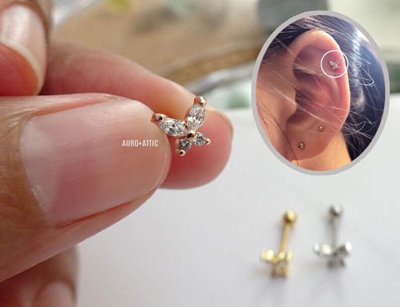 CZ Stainless Steel Teeny Tiny butterfly Piercing Cartilage Piercing,Helix Earring,Conch,Tragus Barbell or Labret Stud 16G 18G,20G
