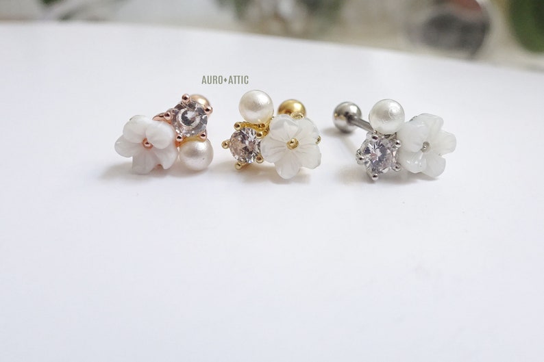 Barbell or Labret Stud Pearl White Flower Piercing 18G,20G 16G CZ Stainless Steel Cartilage Piercing,Helix Earring,Conch,Tragus