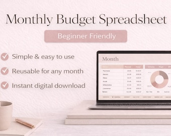 Pode incluir: Um laptop exibe uma planilha de orçamento mensal com um gráfico de pizza e dados financeiros. O texto diz "Monthly Budget Spreadsheet" e "Beginner Friendly". Outros textos incluem "Simple & easy to use" e "Instant digital download."