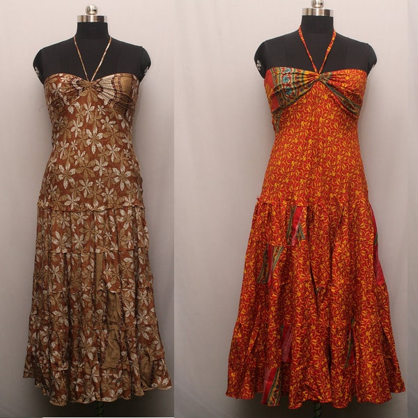 Women's Backless Beach Dress, Boho Maxi Dress, Summer Sundress vintage Sari silk Dress  (Assorted Colors)