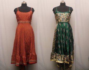 Women's Backless Beach Dress, Boho Maxi Dress, Round Neck Dress, Summer Sundress vintage Sari silk Dress  (Assorted Colors)