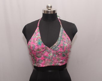 Women's Reversible silk halter top Boho crop wear summer Silk Bralet Crop Top Hippie Adjustable Free size choli Blouse Beach Top