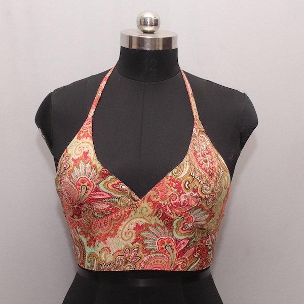 Women's Reversible silk halter top Boho crop wear summer Silk Bralet Crop Top Hippie Adjustable Free size choli Blouse Beach Top