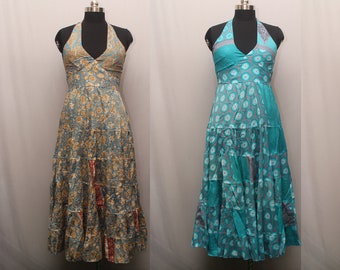 Women's Backless Beach Dress, Boho Maxi Dress, V Neck Dress, Summer Sundress vintage Sari silk Dress  (Assorted Colors)