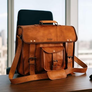 Personalized Leather Laptop Messenger Bag: Crossbody Briefcase Satchel