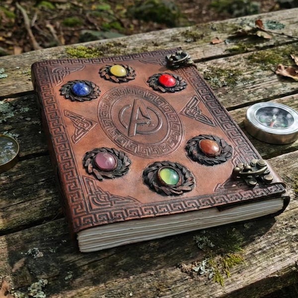 Handmade Large Avengers Infinity Stones Brown Leather Journal, Thanos Gauntlet Sketch Book, Marvel Lovers Gift For Him & Her