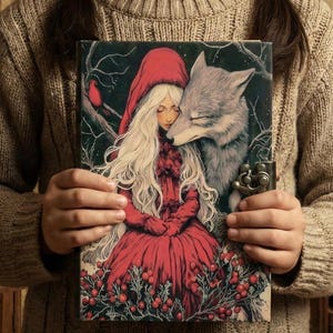Rotkäppchen & Wolf Journal mit Schloss - Vintage Style Fantasy Notizbuch - Dark Academia Tagebuch - Wolf Art Sketchbuch