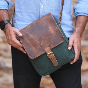 Personlized Handmade Leather Canvas Crossbody Bag For Man and Woman, Leather Satchel Travel bag,