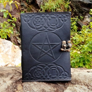 Antique Pentagram Embossed Black Leather Spell Journal with Metal Closure, Handmade Paper Personal Diary, Women Day Gifts
