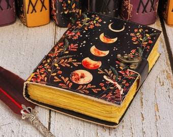 Moon Eclipse Vintage Lederbuch 200 Seiten Antikes Handgemachtes Vintage Papier mit Büttenrand, Leder Skizzenbuch Buch der Schatten, Grimoire