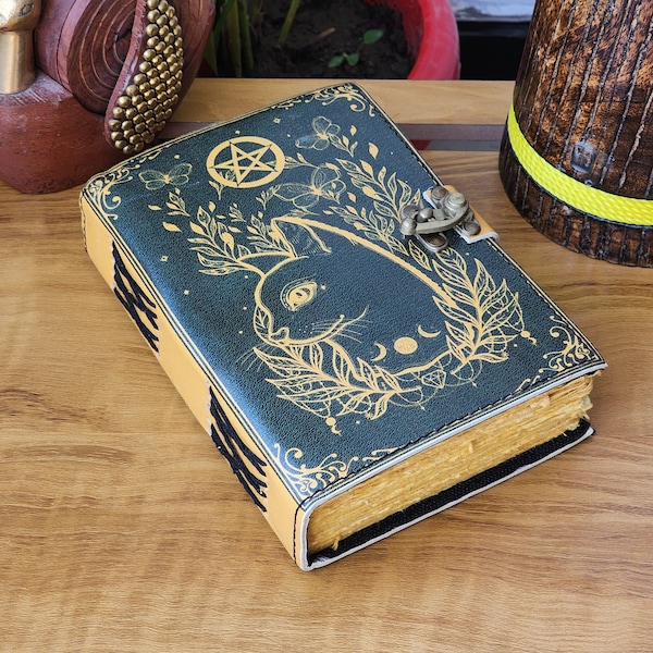 Grimoire journal  Leather Print caltic cat journal Blank spell book book of shadows Leather Gifts For Him sketchbook journal notebook