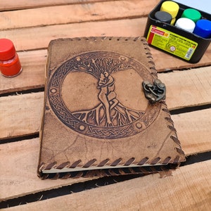 Leather Journal, Tree Of Life, Embossed With Blank Papers, Personal Journal For Writing, Gift For Him gift for her Leather Grimoire