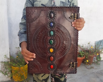 Extra Large Leather Chakra Journal, Handmade Book of Shadows, 200 Pages