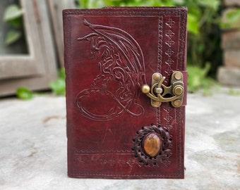 Handmade Brown Leather Journal Notebook Genuine Leather Daily Notepad For Men & Women Paper(Dragon with stone)Women Day Custom Gift Her