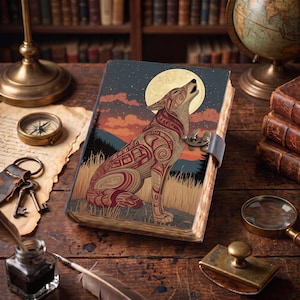 Op de afbeelding: Een rechthoekig dagboek met een metalen sluiting met een gestileerde illustratie van een wolf die naar een volle maan huilt. De wolf is versierd met ingewikkelde rode en bruine patronen tegen een landschap van hoog gras, bomen en een zonsonderganglucht.