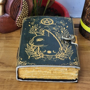 May include: A dark green journal with a cat design and a pentagram. The cover features a gold illustration of a cat's face, leaves, and a crescent moon. The journal has a metal clasp and aged-looking pages.