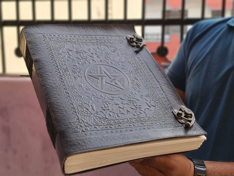 Fat Leather Journal, Extra Large Pentacle Black Leather journal, Pentagram Journal, Book of Shadows, Leather Grimoire, Best gift for witches image 2