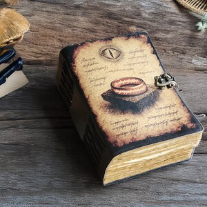 May include: A vintage-style journal with a leather cover and clasp. The cover features an illustration of a ring and eye, with aged paper and handwritten text. The journal is open, revealing aged pages, and rests on a wooden surface.