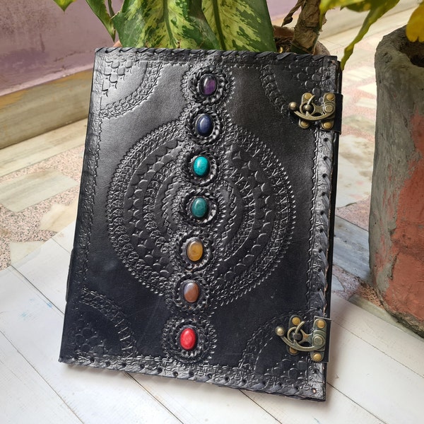 Leather Journal, Leather Bound, Book Of Shadow, Handcrafted Journal, Notebook, Personalized Gift Seven Stone Journal, Leather Grimoire