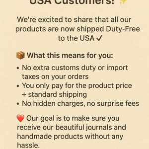 May include: Text on a beige background announces "Great News for Our USA Customers!" with details about duty-free shipping. It highlights no extra customs duties, only product price plus shipping, and no hidden fees.