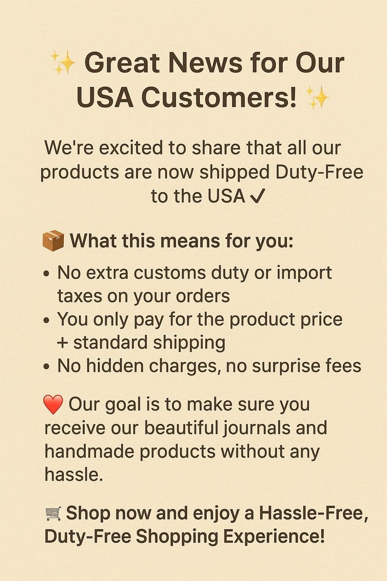 May include: Text on a beige background announces "Great News for Our USA Customers!" with details about duty-free shipping. It highlights no extra customs duties, only product price plus shipping, and no hidden fees.