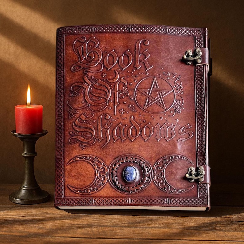 Embossed Leather Book of Shadows, Grimoire Journal, Triple Moon, Star image 1