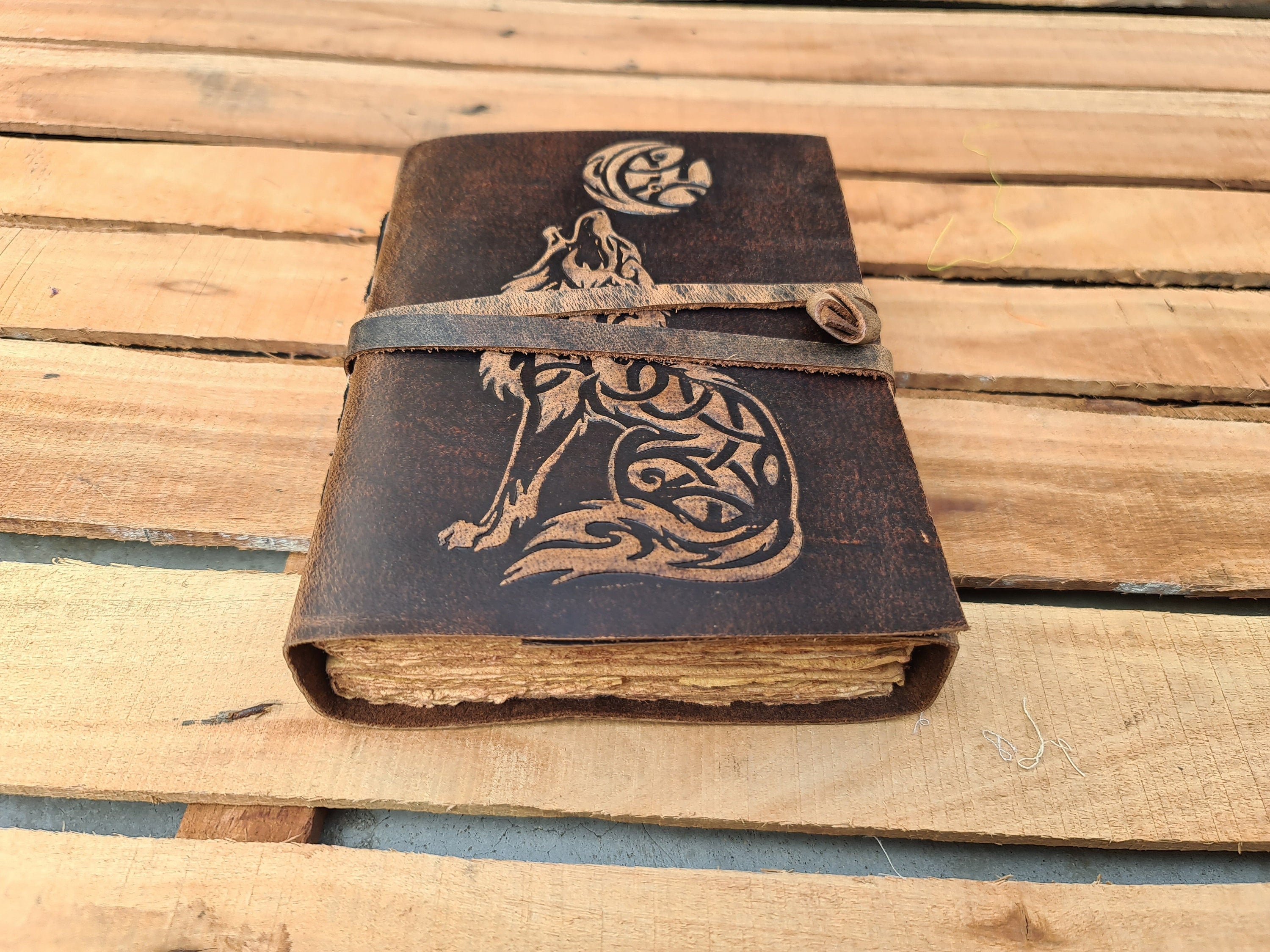 Wolf Embossed Leather Journal, Writing Notebook, Notepad, Leather Grimoire, Wedding Guest book, Gift for him gift for her, Christmas Gift
