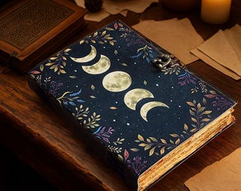 Moon Phase Leather Journal: Handmade Grimoire, Spell Book, Vintage Deckle Edge Paper