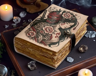 Anime Girl Leather Journal | Handcrafted Fantasy Art Notebook Handmade Sketchbook, Gift for Artists & Writers
