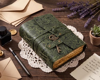 Personalized Floral Embossed Handmade Vintage Leather Bound Journal - Rustic Travel Vintage Diary, Grimoire Deckle Edge Paper Key Closure