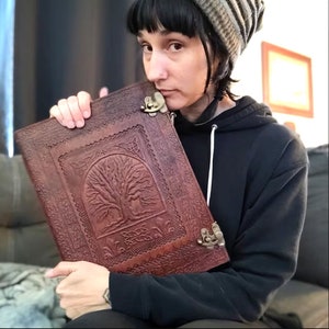 Large Leather Notebook for Man and Woman, A5 Notebook, Cover Embossed with Tree of life Symbol Book of shadows, Leather Grimoire Guest book