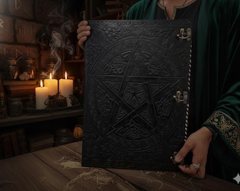 Handmade Extra Large Pentagram Leather Notebook For Spell, Grimoire Journal Gift for him.