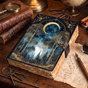 May include: A hardcover journal with a dark blue and gold cover featuring a crescent moon, stars, and a forest scene. The book has a metal latch closure and aged, deckled-edge paper pages. It is presented with a wooden dip pen and metal keys.