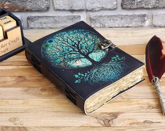 Diario de cuero estampado "Árbol de la Vida" - A5 - Grimorio, cuaderno de recetas