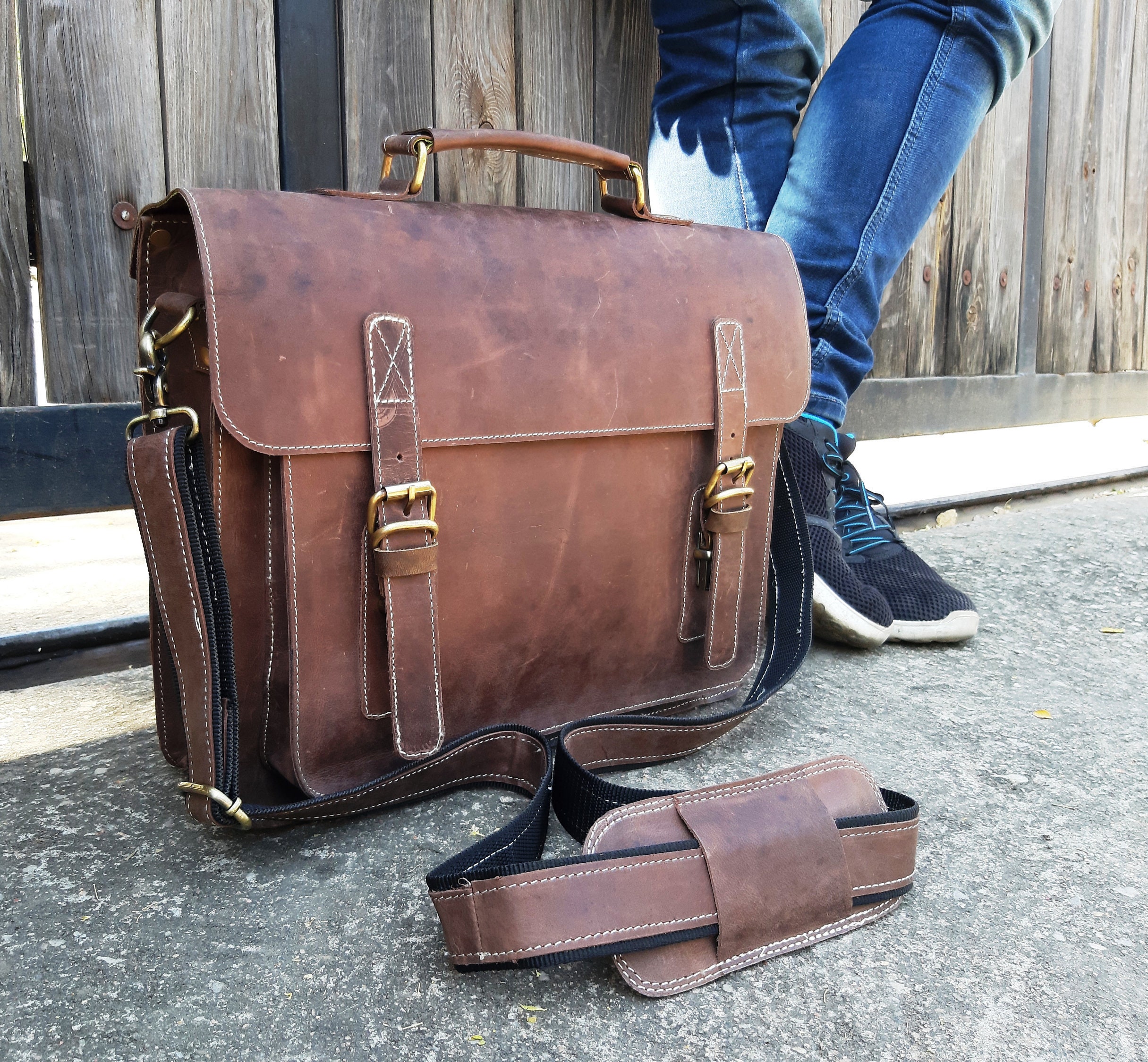 Personalized Men's Brown Leather Messenger Laptop Bag - Etsy