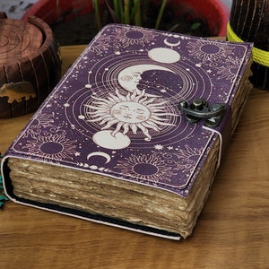 Sun and Moon Vintage look Leather Journal Antique Handmade Deckle Edge Paper, Leather Sketchbook book of shadows, grimoire