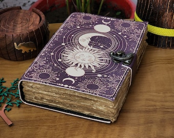 Sun and Moon Vintage look Leather Journal Antique Handmade Deckle Edge Paper, Leather Sketchbook book of shadows, grimoire