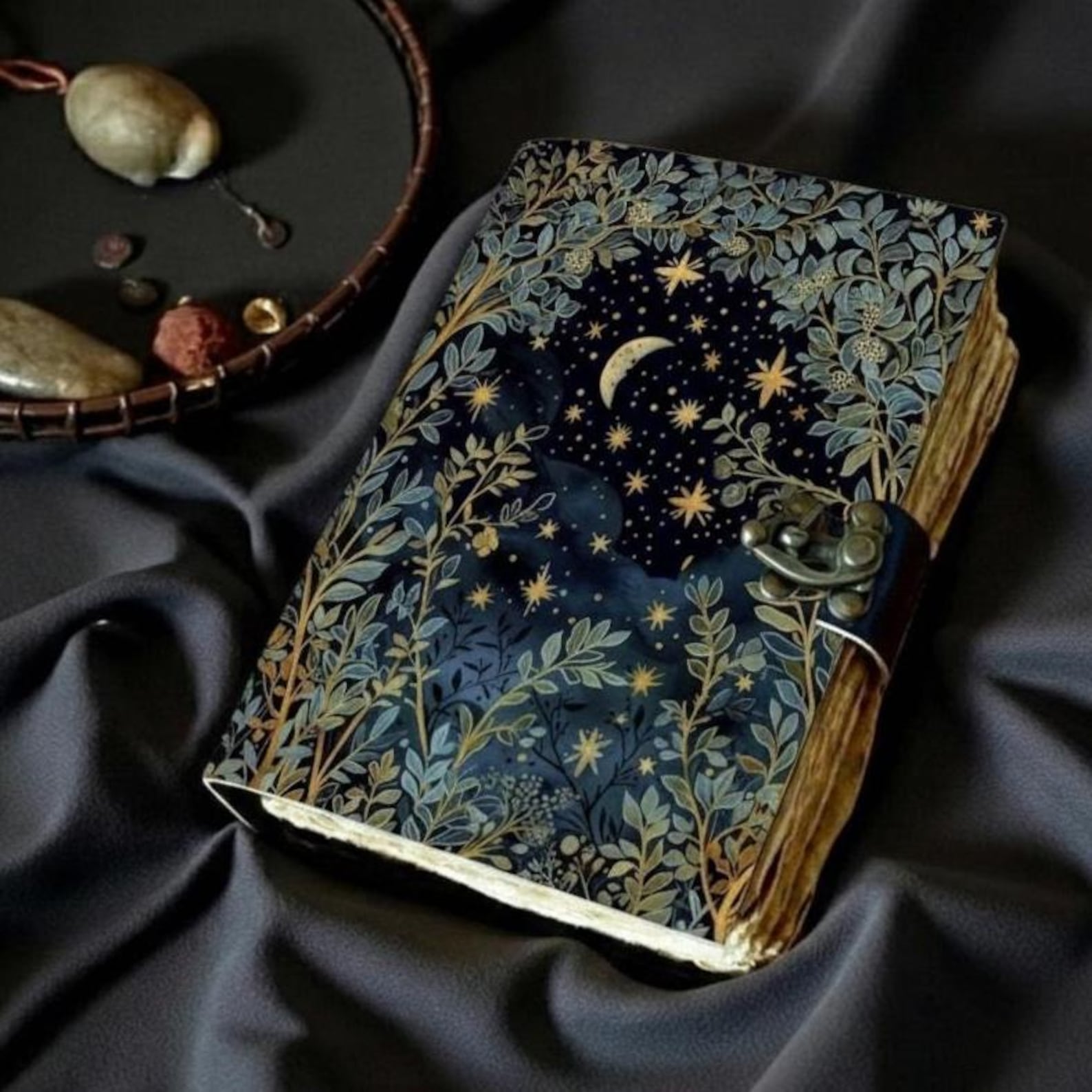Grimoire Leather Journal - Moon and Tree Printed Blank Spell Book of ...