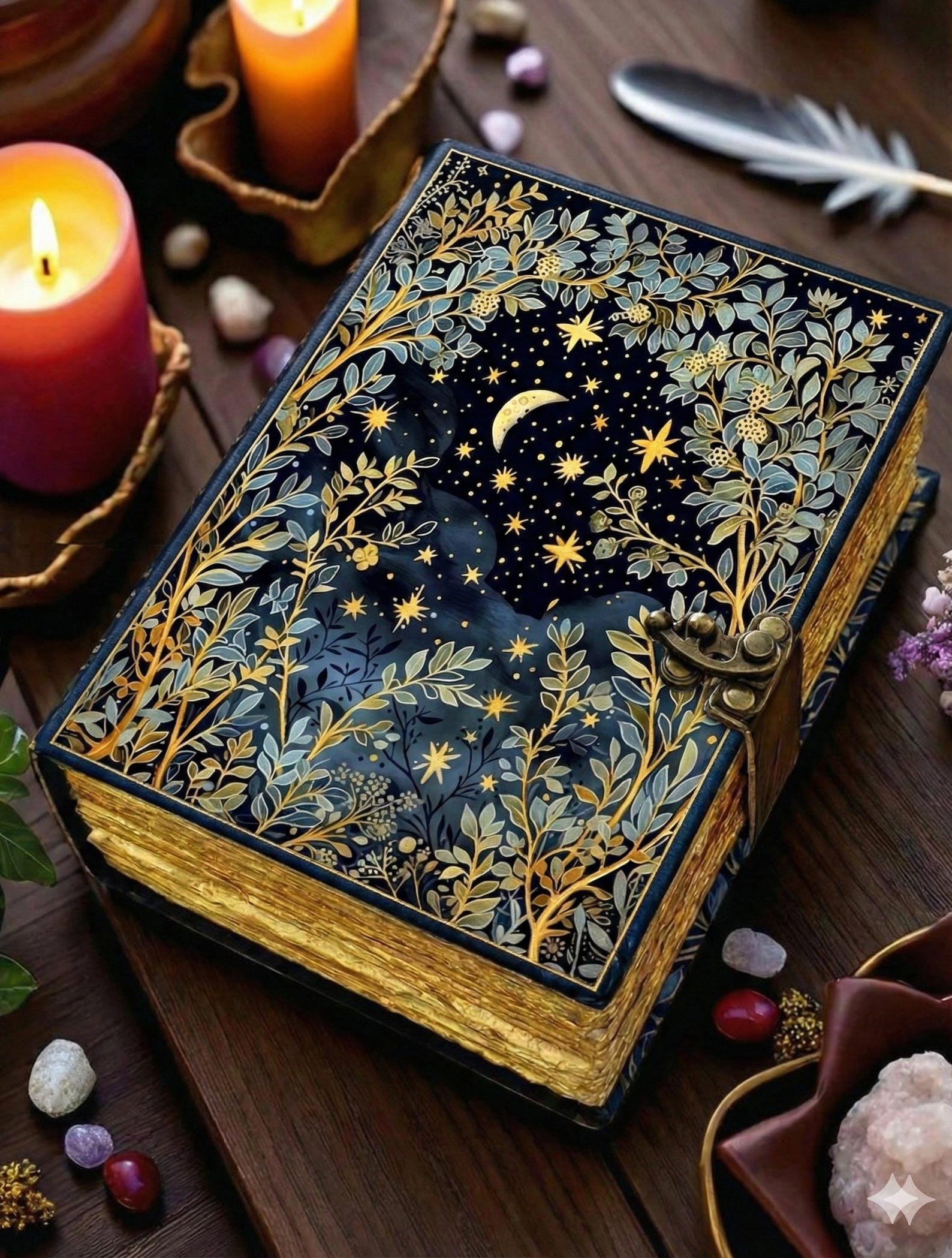 Grimoire Leather Journal - Moon and Tree Printed Blank Spell Book of ...