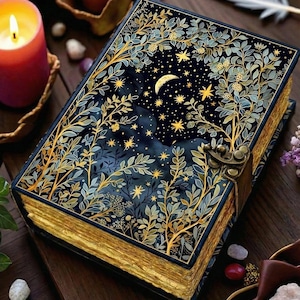 May include: A decorative book with a celestial design. The cover features a dark blue background with a crescent moon, stars, and floral accents in gold and green. The pages have a gold gilded edge, and the book is secured with a metal clasp.