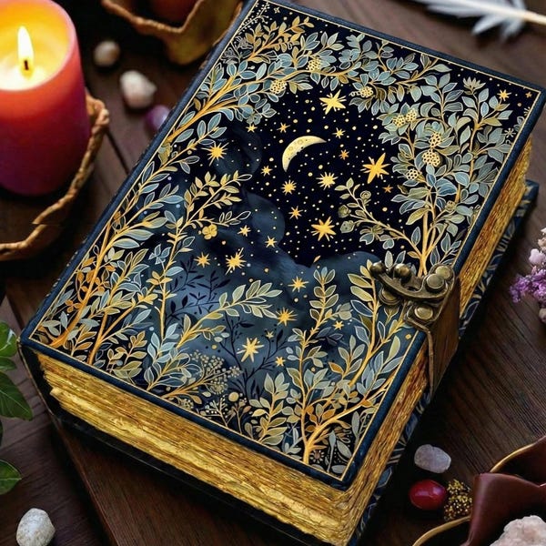Grimoire leather journal - Moon And Tree Printed Blank spell book of shadows Gifts For Him vintage Look Notebook