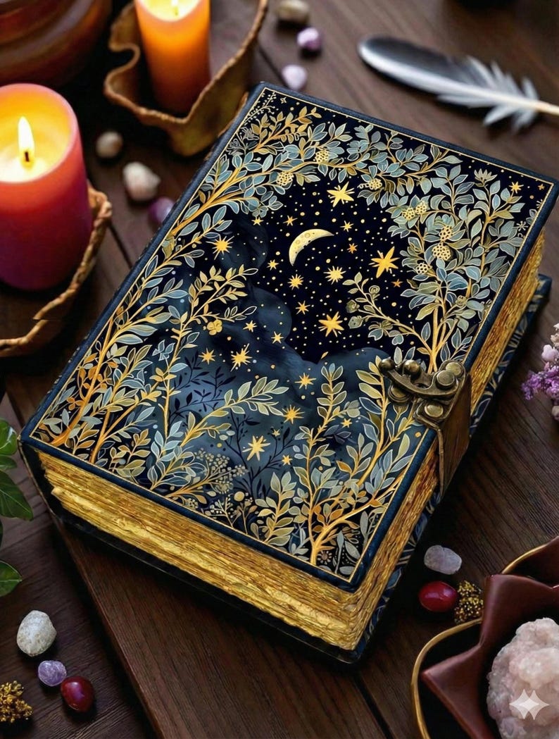 Grimoire Leather Journal - Moon and Tree Printed Blank Spell Book of ...